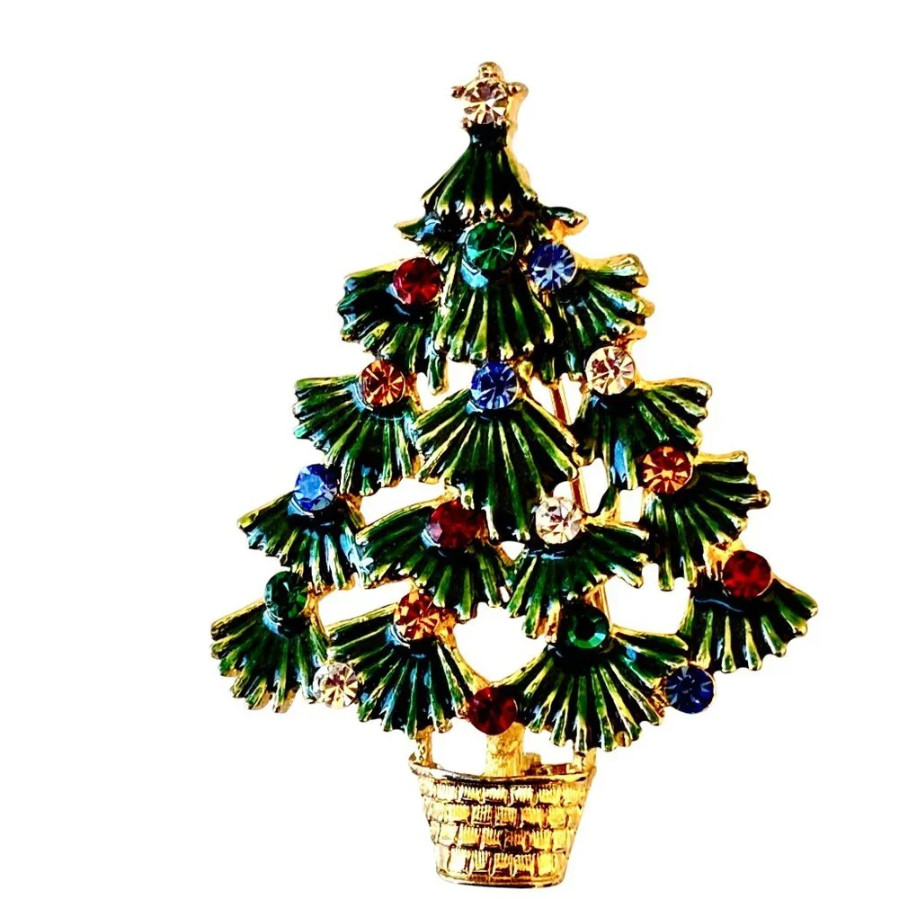 EISENBERG ICE Vintage Christmas Tree Brooch Green Enamel & Rhinestones Signed
